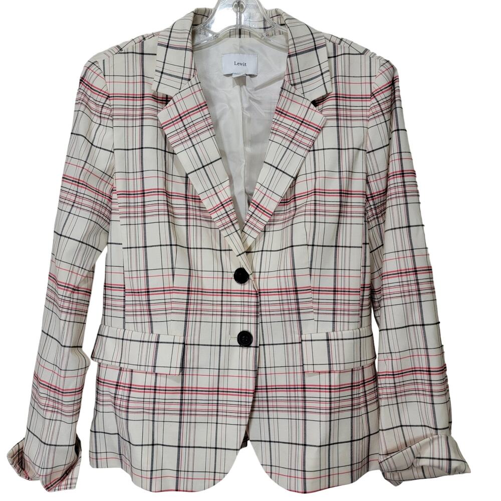 Lewit Jacket 8 Plaid Blazer White Wool Stretch Button Kick Pleat Lined